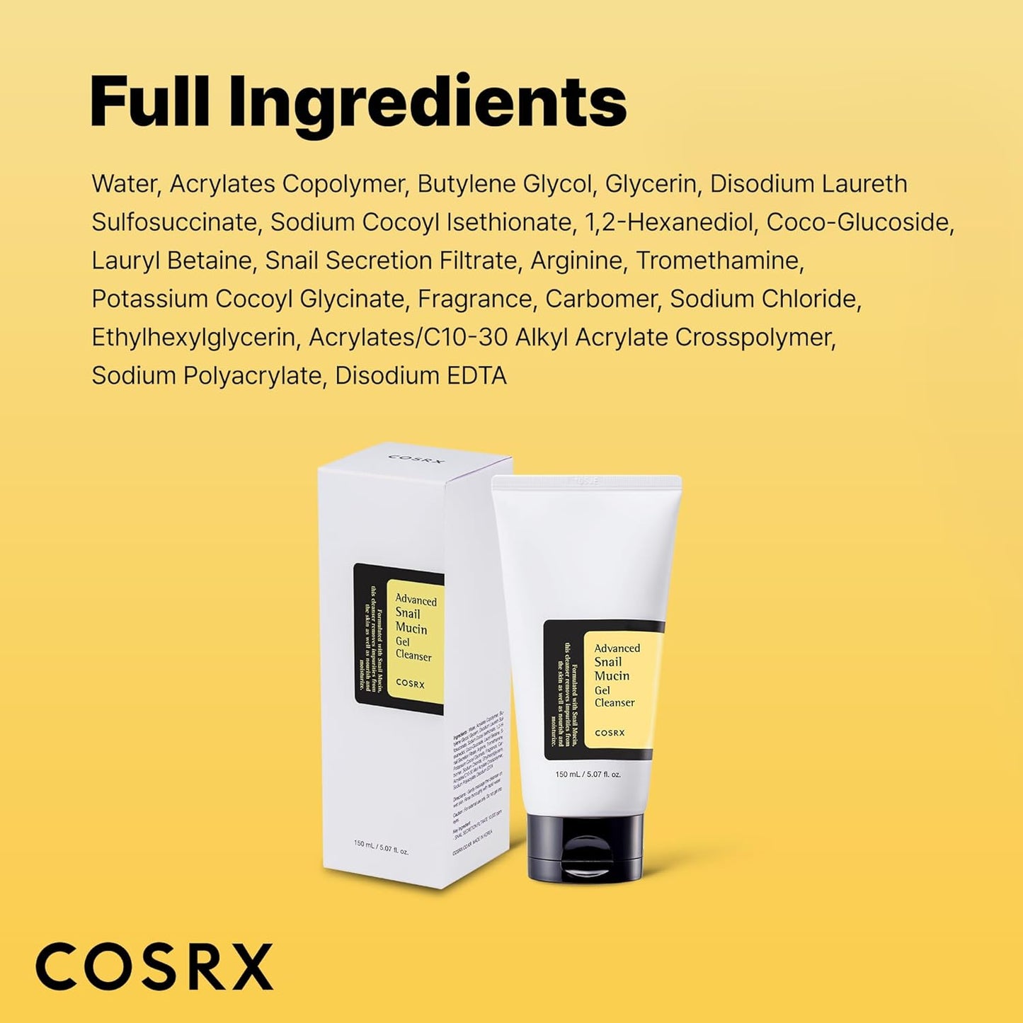 COSRX Advanced Snail Mucin Gel Cleanser, 5.07 fl oz / 5.1 fl oz, rico gel de limpieza profunda diaria para piel seca y sensible, cuidado de la piel coreano, no probado en animales, sin parabenos