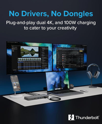 Plugable Base Thunderbolt 4 para M4 MacBook Air y M5 Pro: Estación de Acoplamiento para Portátil sin Controladores con Carga de 100W, Monitor Dual HDMI 4K o Individual 6K, 6X USB, SD, Ethernet