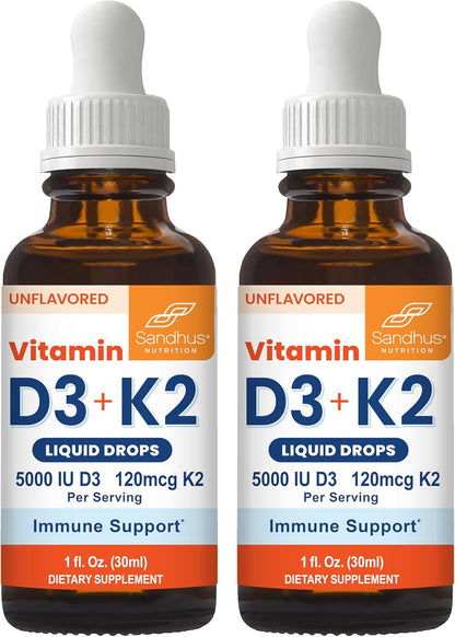 Gotas de vitamina D3 K2 de Sandhu para adultos | 5000 UI de D3 líqu...
