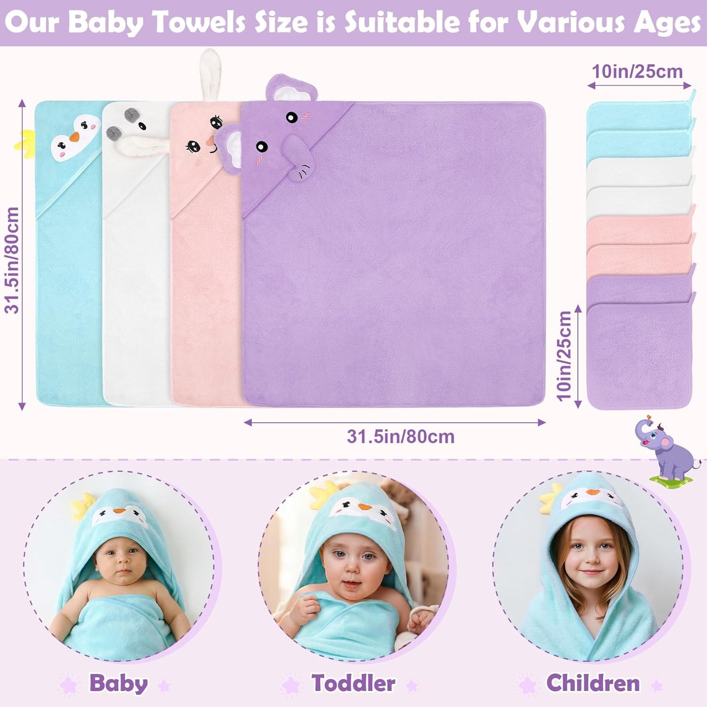 CandyHome Juego de 12 toallas de baño para bebés y niños pequeños,...