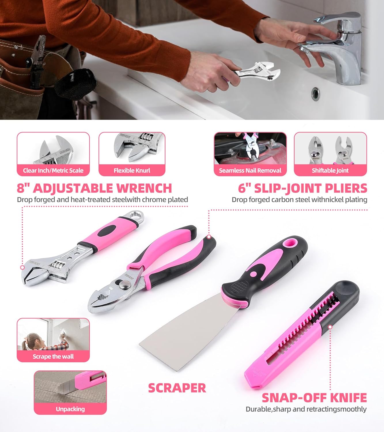 Juego de herramientas de 143 piezas rosa para propietario de casa c...