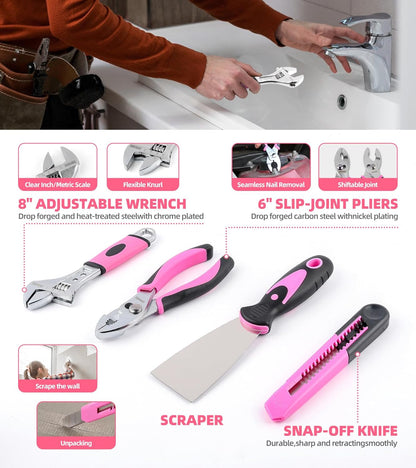 Juego de herramientas de 143 piezas rosa para propietario de casa c...