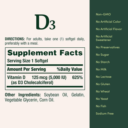 Nature's Bounty Vitamina D3 5000 UI, cápsulas blandas de libera...