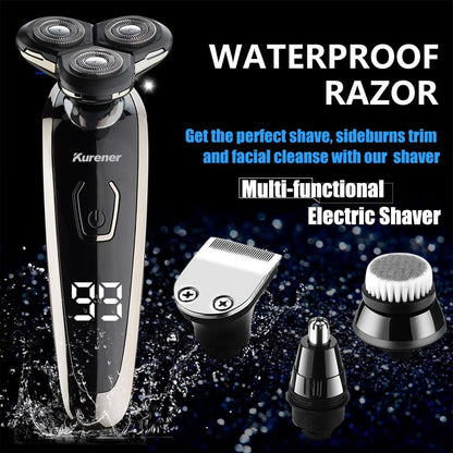 Maquinilla de afeitar eléctrica para hombre, recargable, impermeable, rotativa para afeitar, con recortadora de nariz, patillas, recortadora, cepillo de limpieza facial