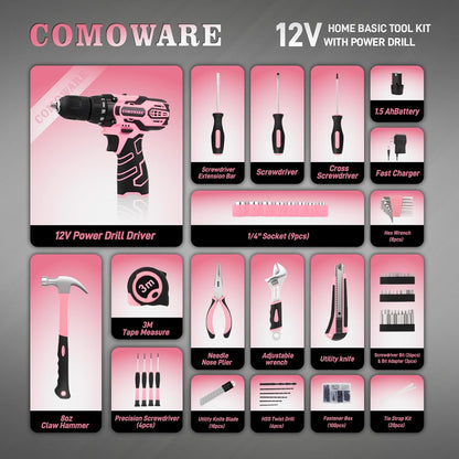 COMOWARE Juego de herramientas para el hogar rosa con taladro inalá...