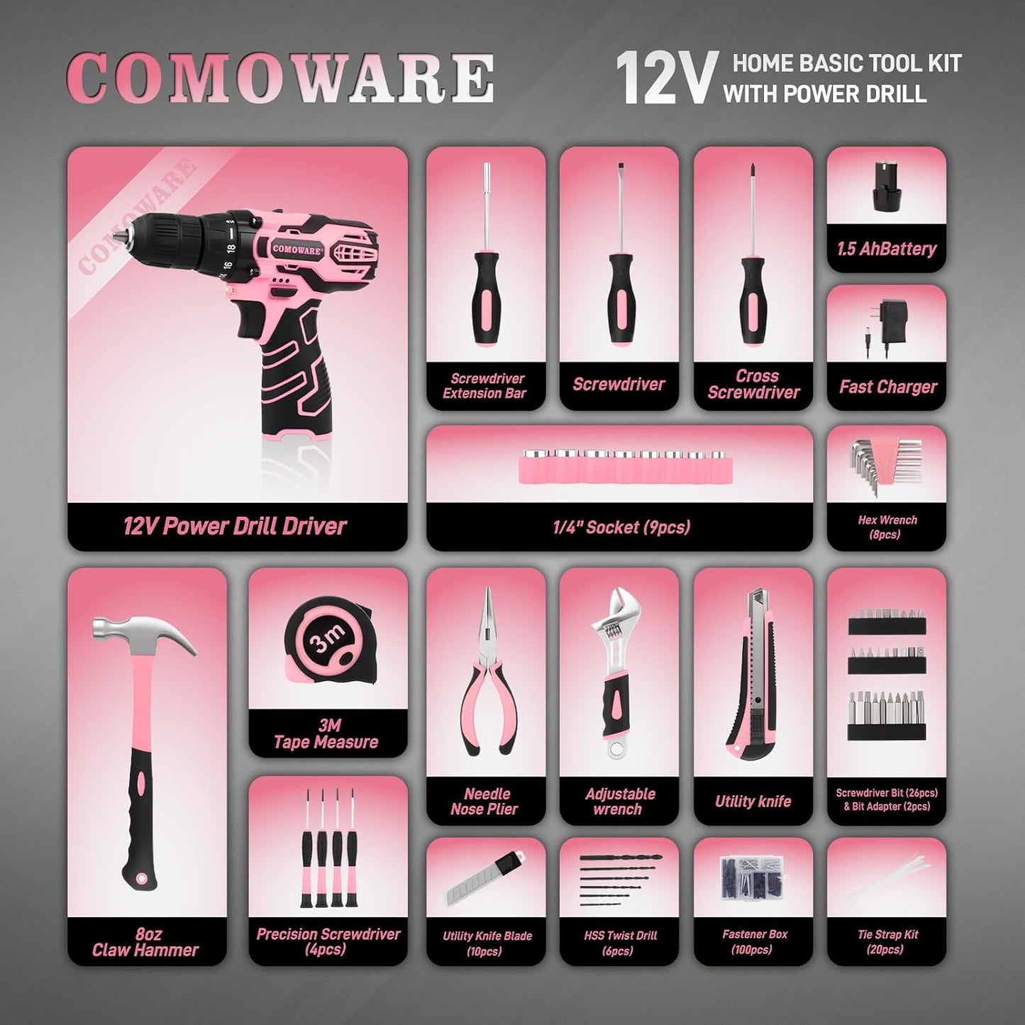COMOWARE Juego de herramientas para el hogar rosa con taladro inalá...