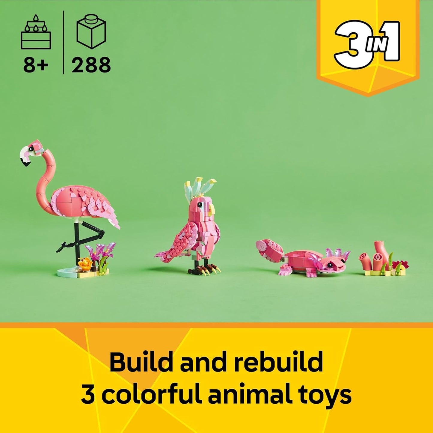 LEGO Creator 3 en 1 Animales Salvajes: Juguete de Construcción de Animales de Flamenco Rosa - Juego con 3 Opciones de Construcción, Flamenco Rosa, Cacatúa o Ajolote - Juguete Educativo para Niños