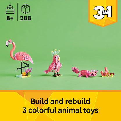 LEGO Creator 3 en 1 Animales Salvajes: Juguete de Construcción de Animales de Flamenco Rosa - Juego con 3 Opciones de Construcción, Flamenco Rosa, Cacatúa o Ajolote - Juguete Educativo para Niños