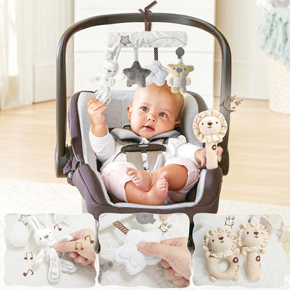 Golray 9 piezas Cestas de Regalo para Bebés Recién Nacidos para Niños y Niñas Baby Shower, 2 Sonajeros/Juguete Colgante de Asiento/Manta/Body/Babero/Calcetines 3D/Hito de Madera/Caja de Transporte