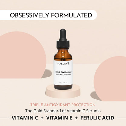 MAELOVE Glow Maker - Suero de vitamina C con vitamina E, ácido ferúlico y ácido hialurónico, galardonado suero facial iluminador e hidratante, sin perfume, 1.0 onzas líquidas