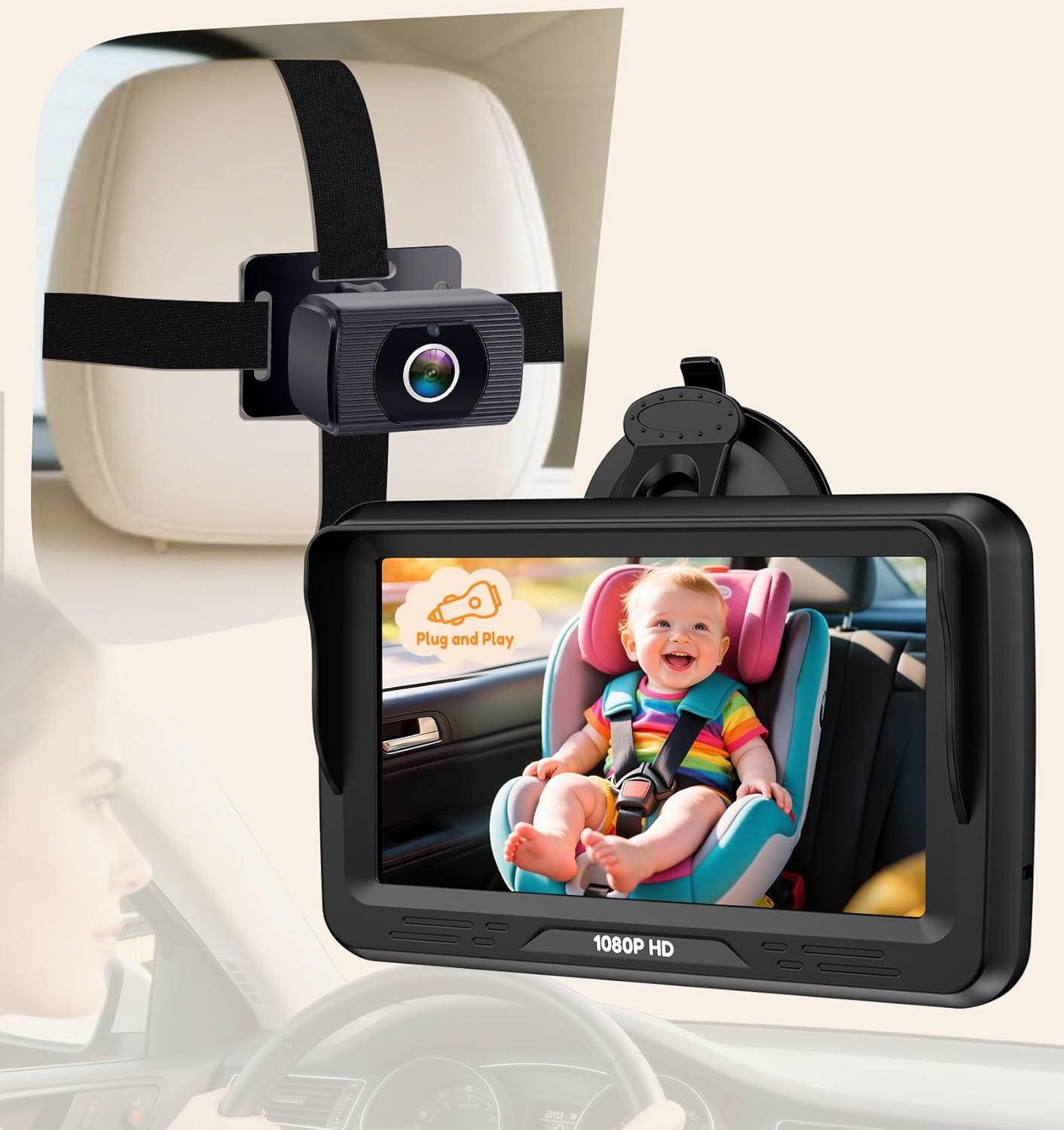 Rohent Cámara de coche para bebé HD 1080P - Monitor infantil orient...