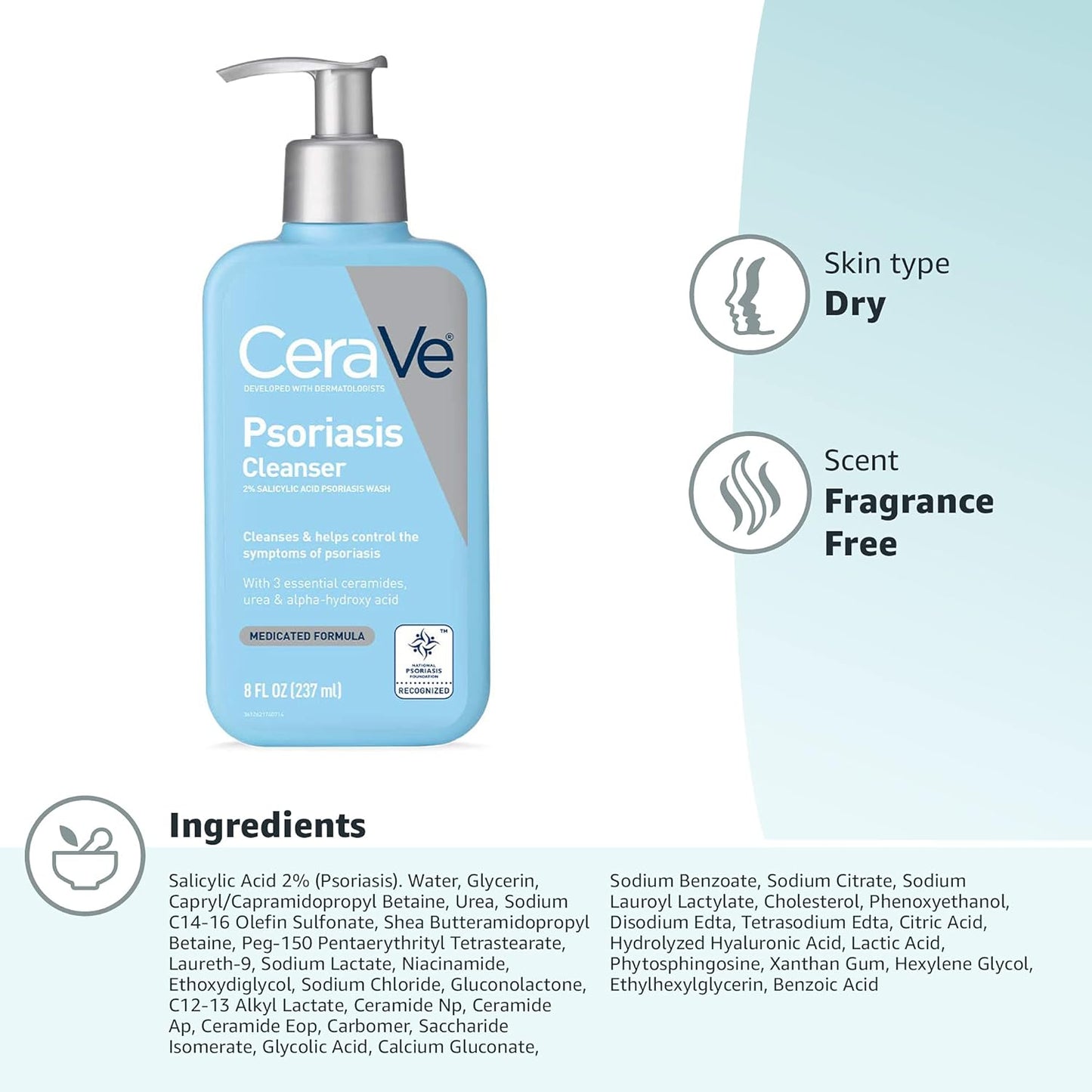 CeraVe Limpiador para el tratamiento de la psoriasis, con ácido salicílico para el alivio de la picazón de la piel seca y ácido láctico para la exfoliación, sin fragancias y probado contra alergias, 8