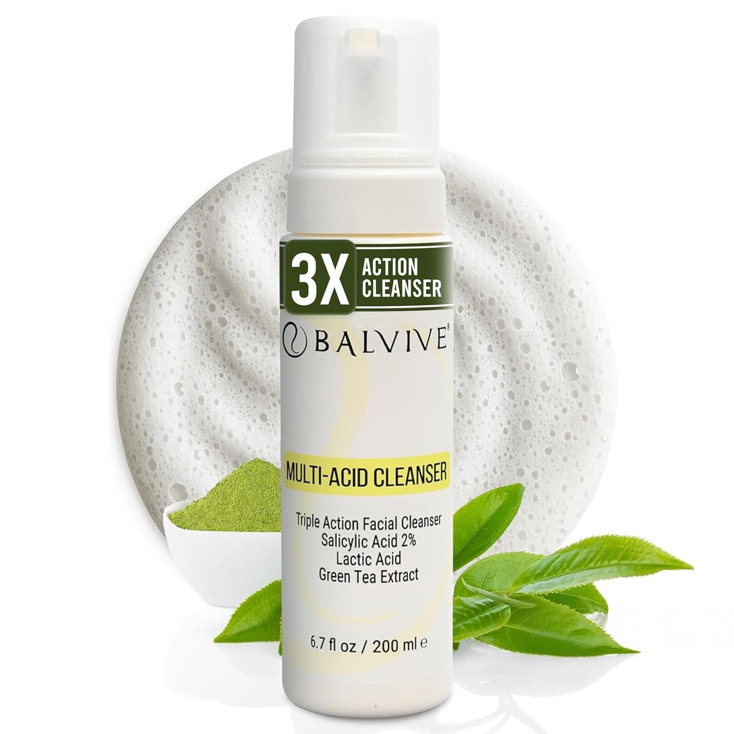 Limpiador facial espumoso con ácido salicílico, ácido glicólico, ácido láctico y extracto de té verde, lavado facial para acné, piel grasa y sensible, removedor de maquillaje y cuidado de la