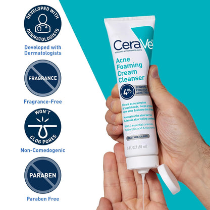CeraVe Limpiador en crema espumosa para el acné, lavado facial de peróxido de benzoilo al 4% con ácido hialurónico, niacinamida y ceramidas, tratamiento diario suave para el acné para la cara