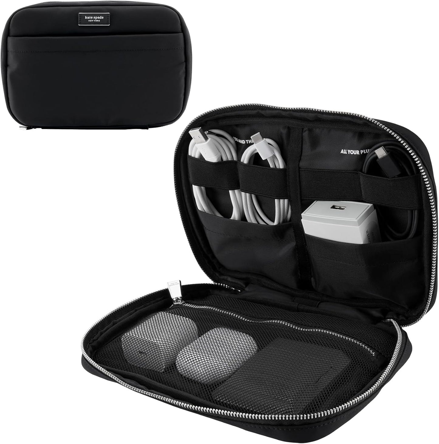 Kate Spade New York Bolso organizador técnico de nylon - Organizador de cables electrónicos, estuche de viaje para cargadores, banco de energía, AirPods y accesorios - Negro con firma