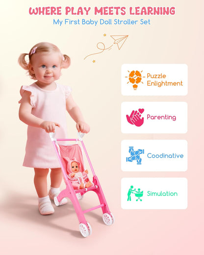 Juego de cochecito de muñeca con 2 trajes de muñeca, cochecito de bebé de juguete para muñecas con pañal, babero y mini bolsa, regalo imaginativo para juegos de roles para niños mayores de