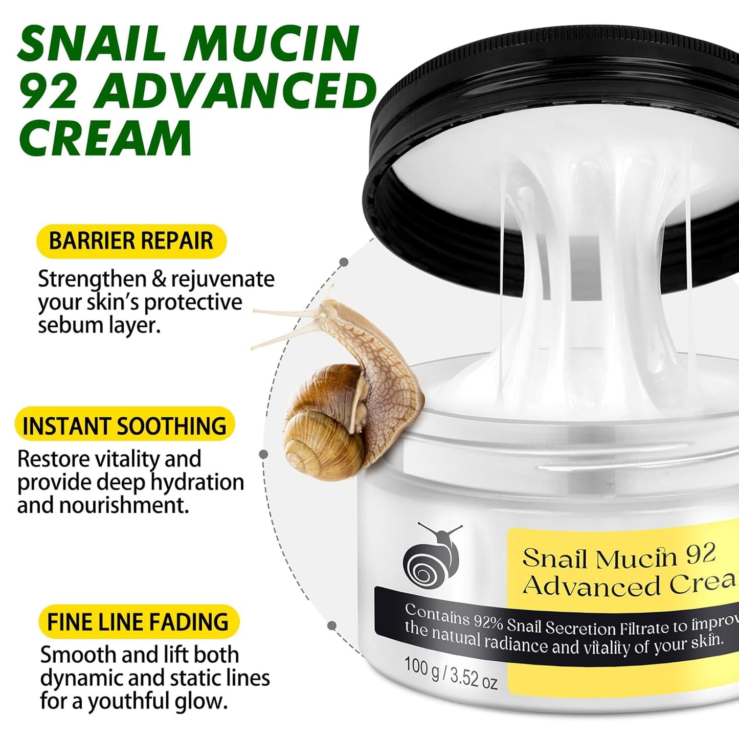Snail Mucin - Crema de suero reparadora al 92 %, hidratante facial hidratante antiedad, reafirmante y reducción de arrugas, reparación diaria, crema facial de mucina de caracol para piel seca y sensible, todo tipo de piel, 3.53 oz/3.52 onzas