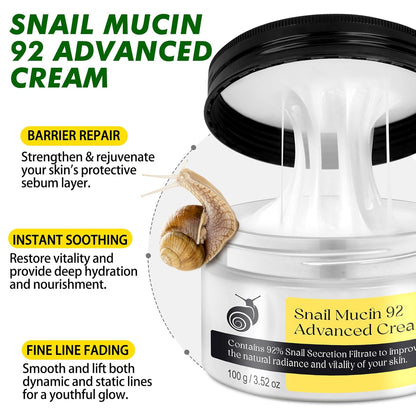 Snail Mucin - Crema de suero reparadora al 92 %, hidratante facial hidratante antiedad, reafirmante y reducción de arrugas, reparación diaria, crema facial de mucina de caracol para piel seca y sensible, todo tipo de piel, 3.53 oz/3.52 onzas
