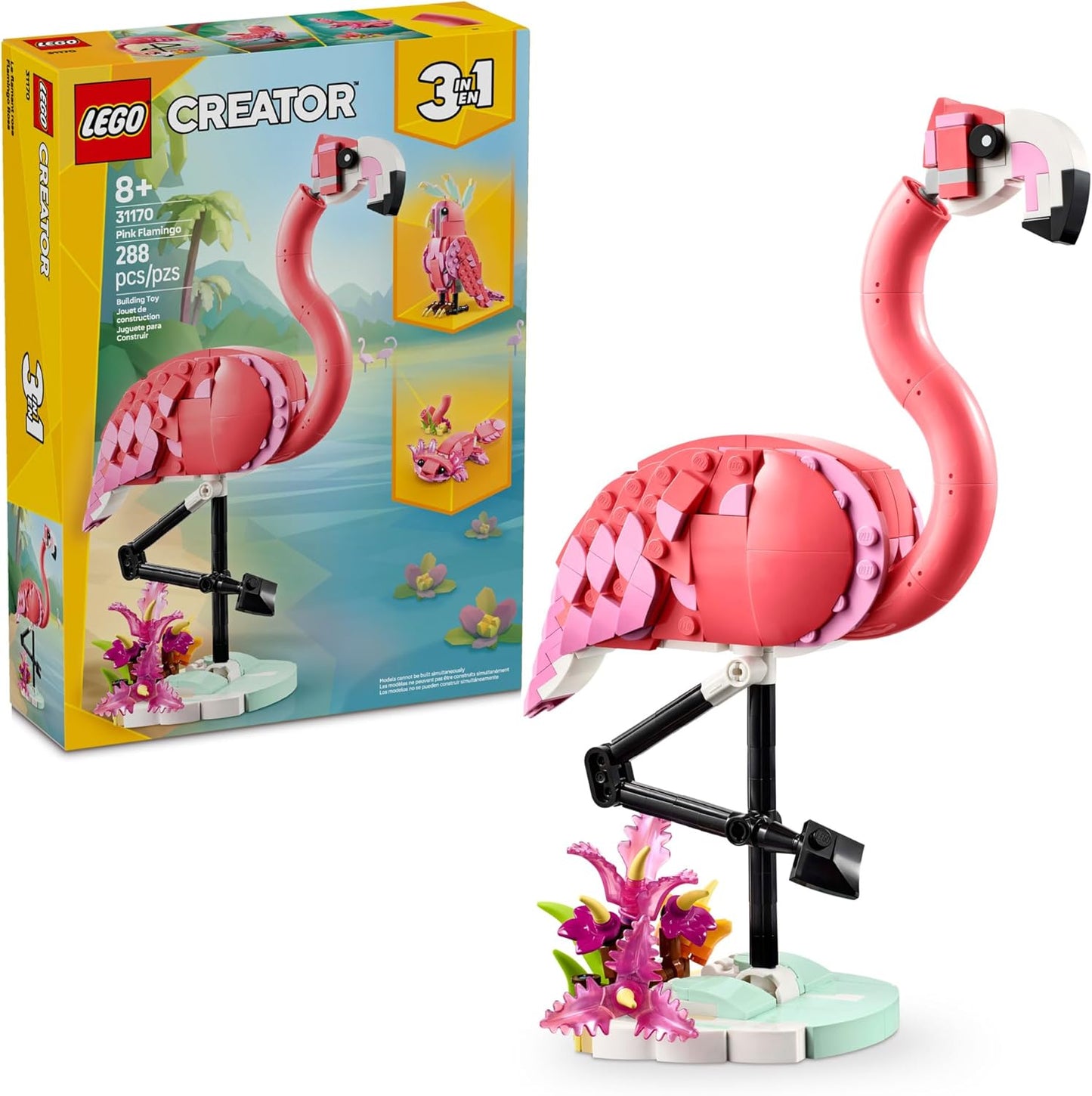 LEGO Creator 3 en 1 Animales Salvajes: Juguete de Construcción de Animales de Flamenco Rosa - Juego con 3 Opciones de Construcción, Flamenco Rosa, Cacatúa o Ajolote - Juguete Educativo para Niños