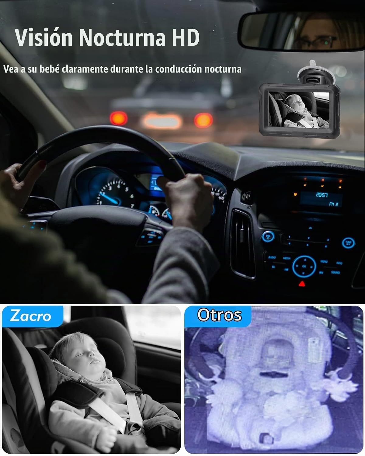 Zacro Cámara de coche para bebé con visión nocturna HD 1080P, 4.3 p...
