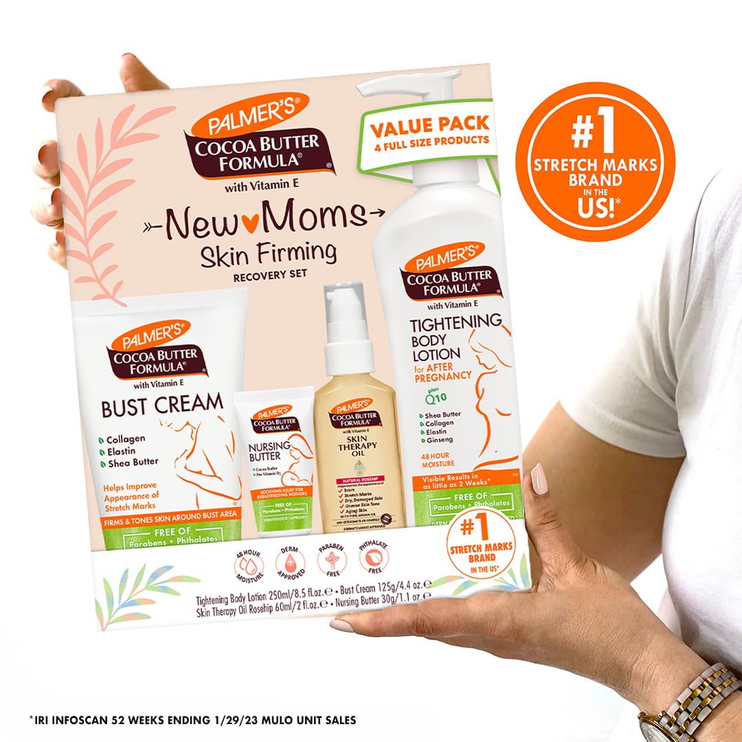 Palmer's Cocoa Butter Formula New Moms Skin Recovery Postpartum Essentials, Loción para el cuerpo (8.5 oz) + Mantequilla para lactancia (1.1 oz) + Crema para el busto (4.4 oz) + Aceite de terapia para