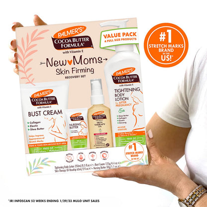 Palmer's Cocoa Butter Formula New Moms Skin Recovery Postpartum Essentials, Loción para el cuerpo (8.5 oz) + Mantequilla para lactancia (1.1 oz) + Crema para el busto (4.4 oz) + Aceite de terapia para