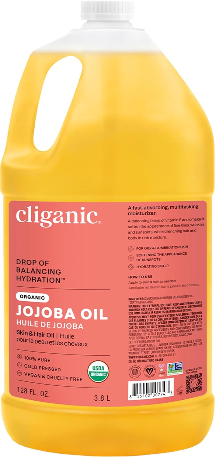 Cliganic Aceite de jojoba orgánico a granel, tamaño de galón, 128 o...