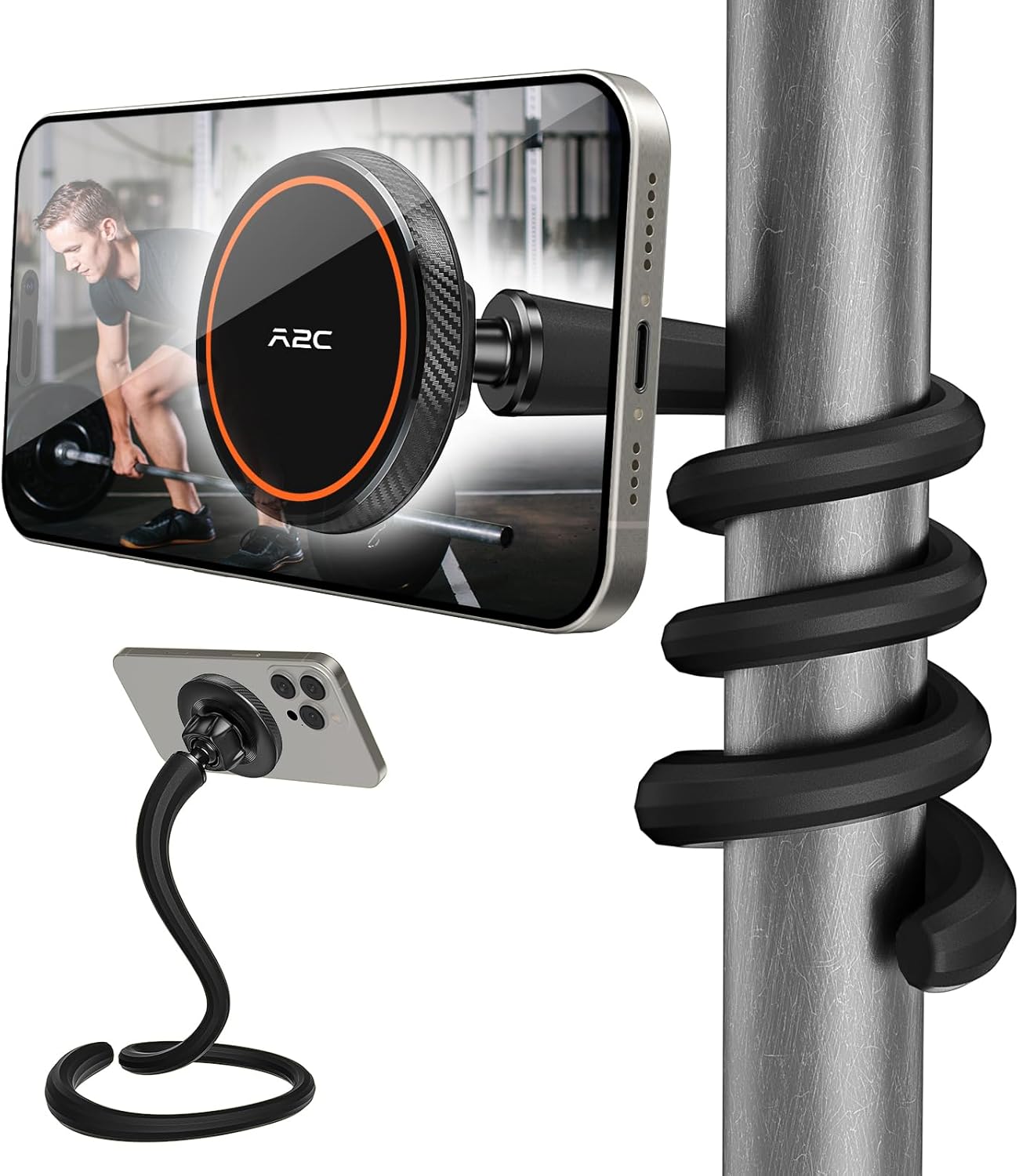 A2C Soporte de teléfono flexible de cuello de cisne para iPhone Magsafe, soporte magnético para teléfono de gimnasio de brazo largo para cinta de correr Peloton, accesorio portátil de fitness para
