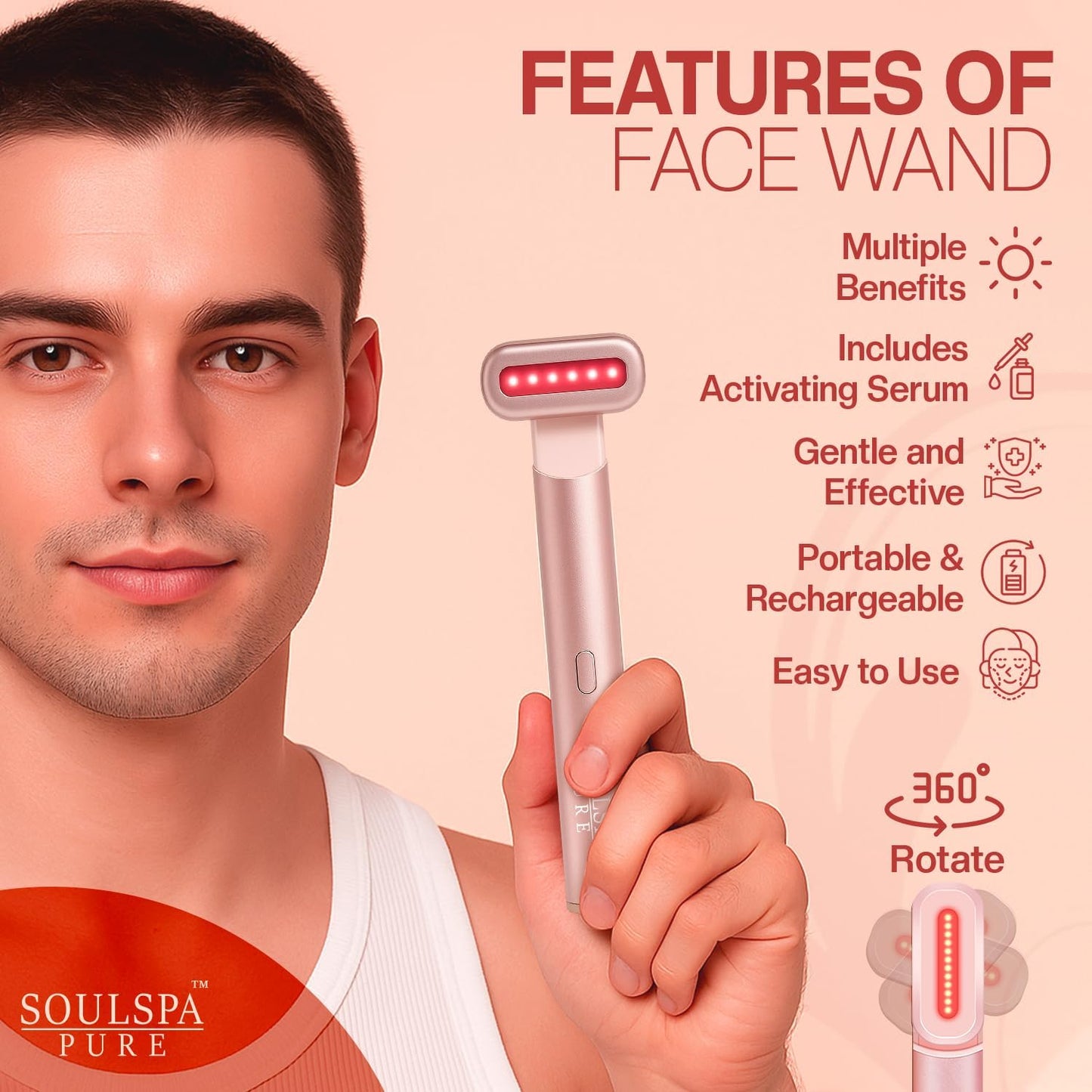 Soulspa Pure Masajeador facial 7 en 1 LED varita de luz roja para c...