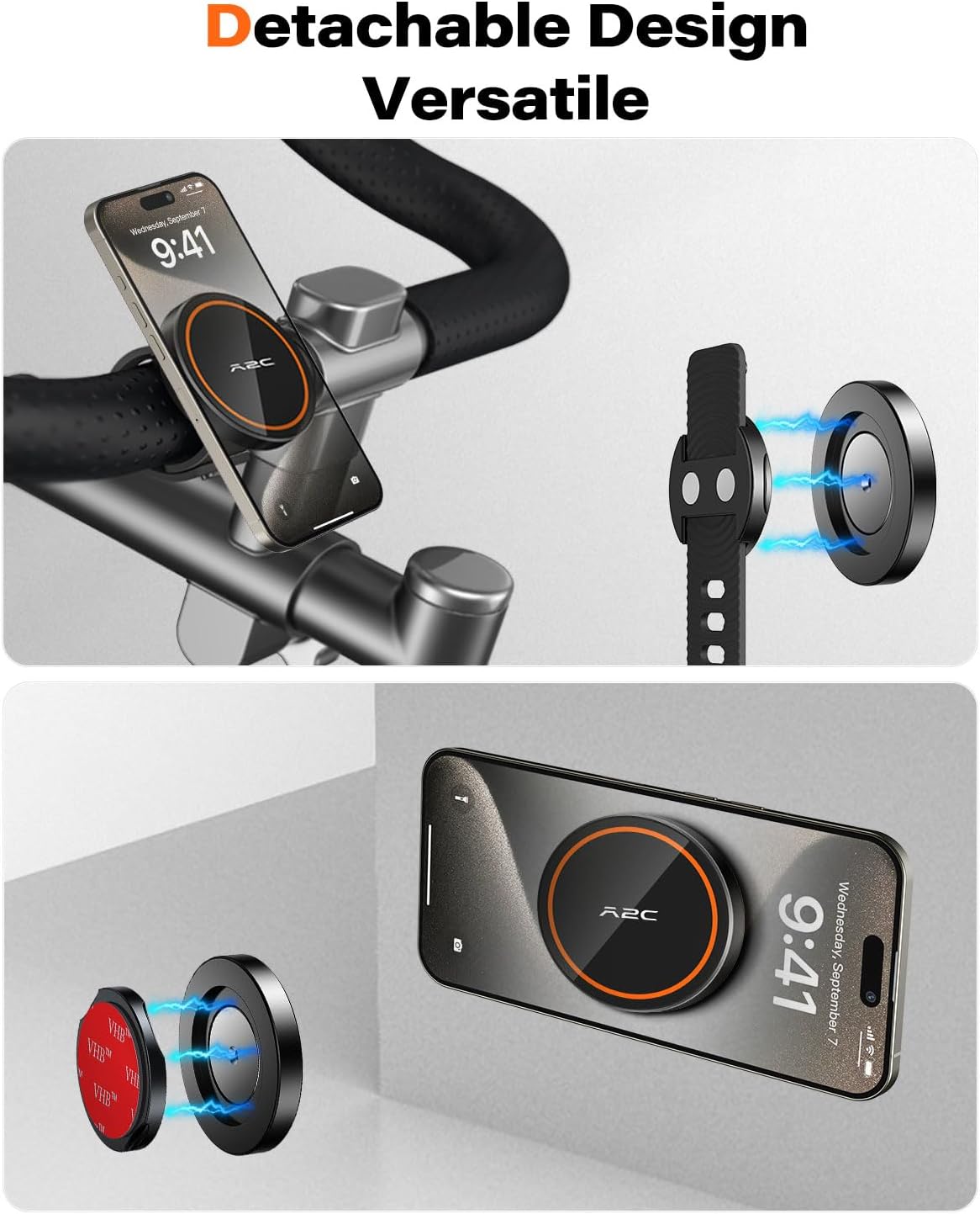 A2C Soporte de teléfono para gimnasio para MagSafe – 17 N54 Imanes fuertes Soporte de teléfono estable y seguro con correa ajustable, soporte 3 en 1 para equipo de gimnasio, cochecito, cinta de correr, bicicletas de ejercicio Peloton