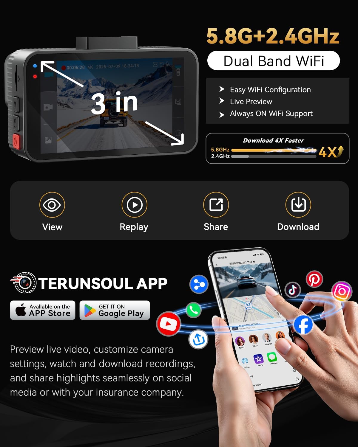 Cámara de tablero frontal y trasera 4K+4K, tarjeta gratuita de 128 GB incluida, cámara WiFi de 5.8 GHz para autos, GPS integrado, sensor G, gran angular de 170°, pantalla IPS de 3 pulgadas