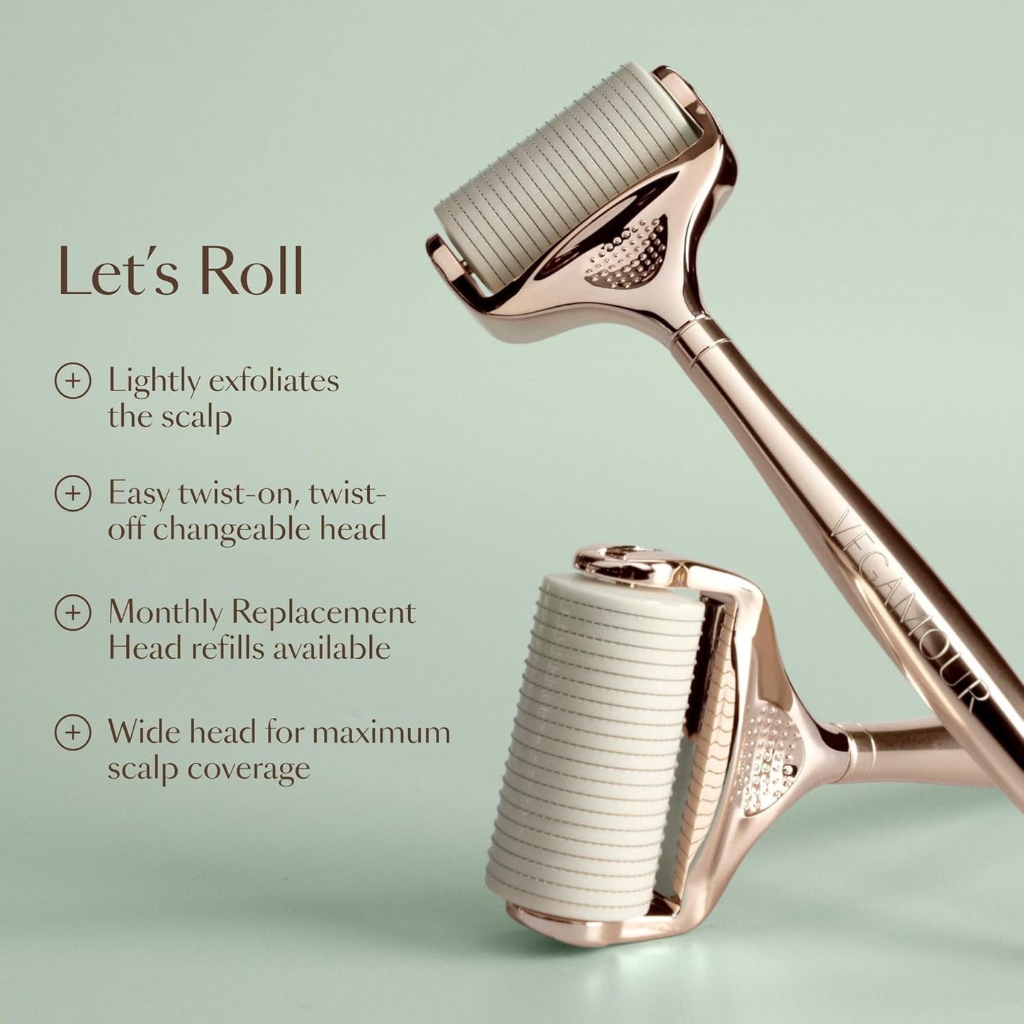 VEGAMOUR GRO+ Advanced Dermaroller | 1,200 Microneedles de 0.25mm Herramienta para el cuero cabelludo | Exfolia suavemente el cuero cabelludo | Cabezal ancho para máxima cobertura