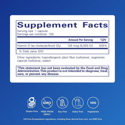 Pure Encapsulations Vitamina D3 125 mcg (5,000 UI) - Suplemento par...