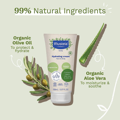 Mustela Crema hidratante orgánica certificada, loción corporal natural con aceite de oliva, aloe vera y aceite de girasol, para bebés, niños y adultos, sin fragancia, verificado por EWG y vegano, 5.07 onzas, el embalaje puede variar