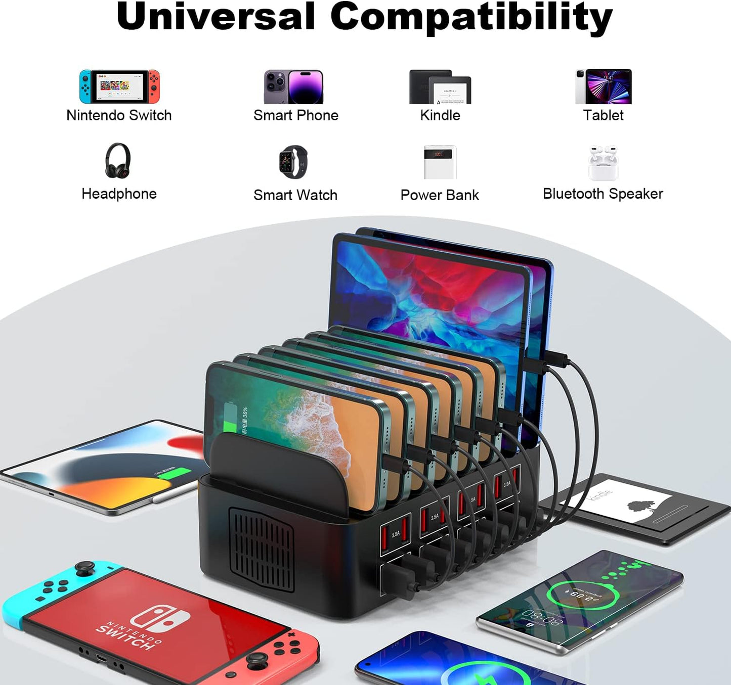 Estación de carga para múltiples dispositivos, estación de carga USB Cinlinso de 150 W/35 A, 16 puertos, organizador de cargador rápido para múltiples dispositivos, compatible con iPad, tableta, teléfono celular Kindle y otros dispositivos electrónicos