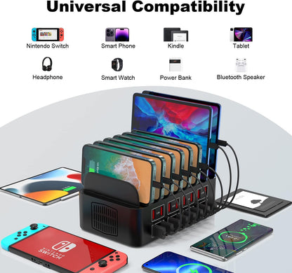 Estación de carga para múltiples dispositivos, estación de carga USB Cinlinso de 150 W/35 A, 16 puertos, organizador de cargador rápido para múltiples dispositivos, compatible con iPad, tableta, teléfono celular Kindle y otros dispositivos electrónicos