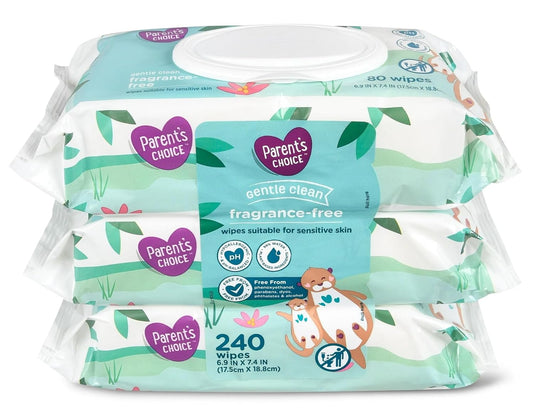 Parent's Choice Toallitas Húmedas para Bebés de Limpieza Suave Sin Fragancia Sin Perfume Sin Aroma Aptas para Piel Sensible Enriquecidas con Vitamina E y Aloe, 240 Unidades (Paquete de Valor Incluye 3
