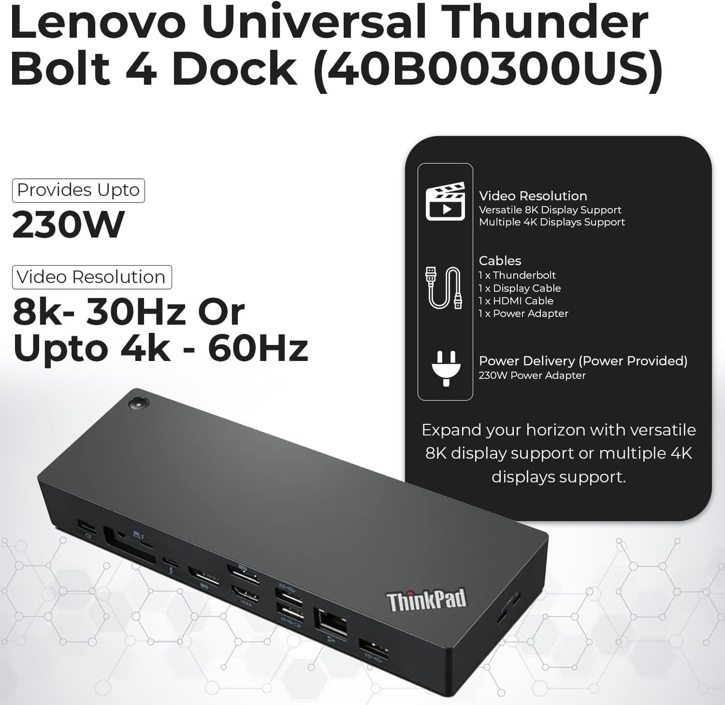 Paquete de estación de acoplamiento Lenovo 40B00300US USB C - 1 año de garantía, compatible con pantalla 4K, Thunderbolt 4 Dock con adaptador de 300 W, Anyhdd HDMI, DisplayPort, cables Thunderbolt y tela