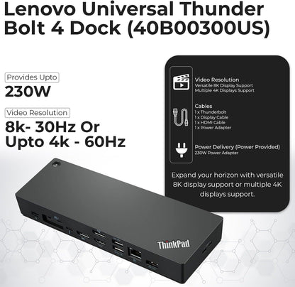 Paquete de estación de acoplamiento Lenovo 40B00300US USB C - 1 año de garantía, compatible con pantalla 4K, Thunderbolt 4 Dock con adaptador de 300 W, Anyhdd HDMI, DisplayPort, cables Thunderbolt y tela