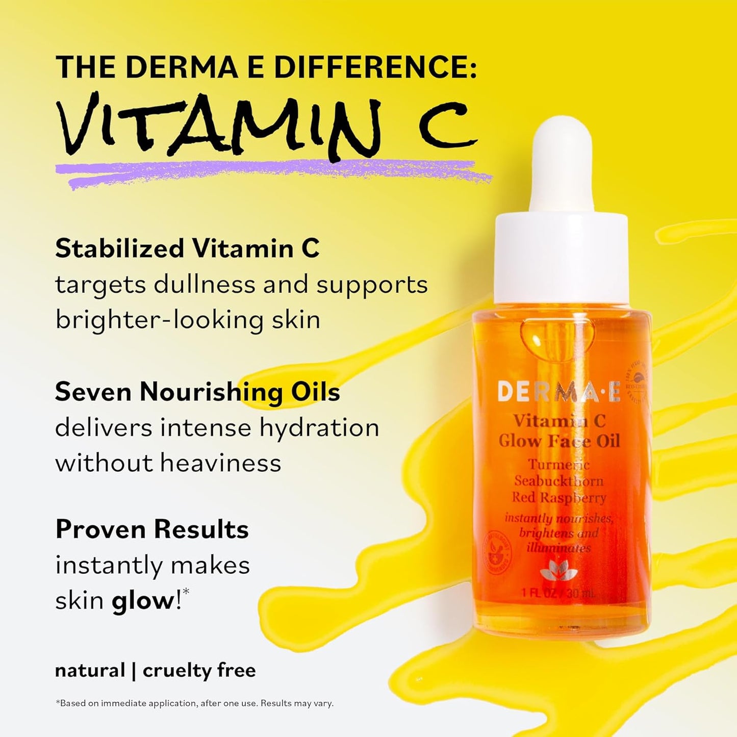 Aceite Facial Derma E Vitamina C Glow, 1 Fl Oz, Nutre, Ilumina y Brilla para una Piel Radiante, Aceite Hidratante de Vitamina C con Cúrcuma, Espino Amarillo y Frambuesa Roja
