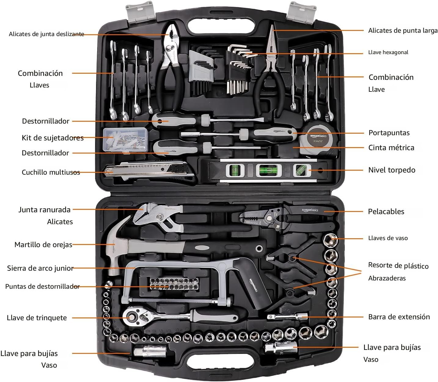 AmazonBasics Caja de herramientas manuales para el hogar, 173 piezas