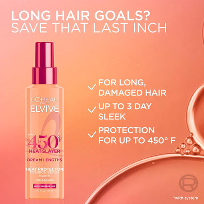 L'Oreal Paris Elvive Dream Lengths Heat Slayer - Aerosol de pre-planchado sin enjuague, 4.4 onzas | 4.4 US, Onza