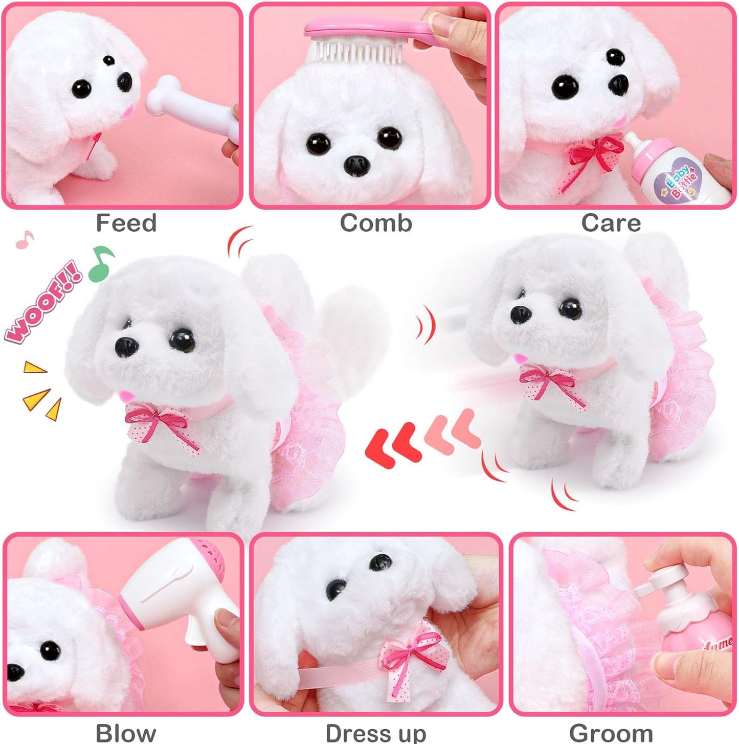 Golray Juguetes de perro para niñas, cochecito y perro de peluche electrónico interactivo que puede caminar, ladrar, 10 piezas de juguete para niña, juego de cuidado de cachorros para niños pequeños