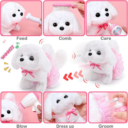 Golray Juguetes de perro para niñas, cochecito y perro de peluche electrónico interactivo que puede caminar, ladrar, 10 piezas de juguete para niña, juego de cuidado de cachorros para niños pequeños