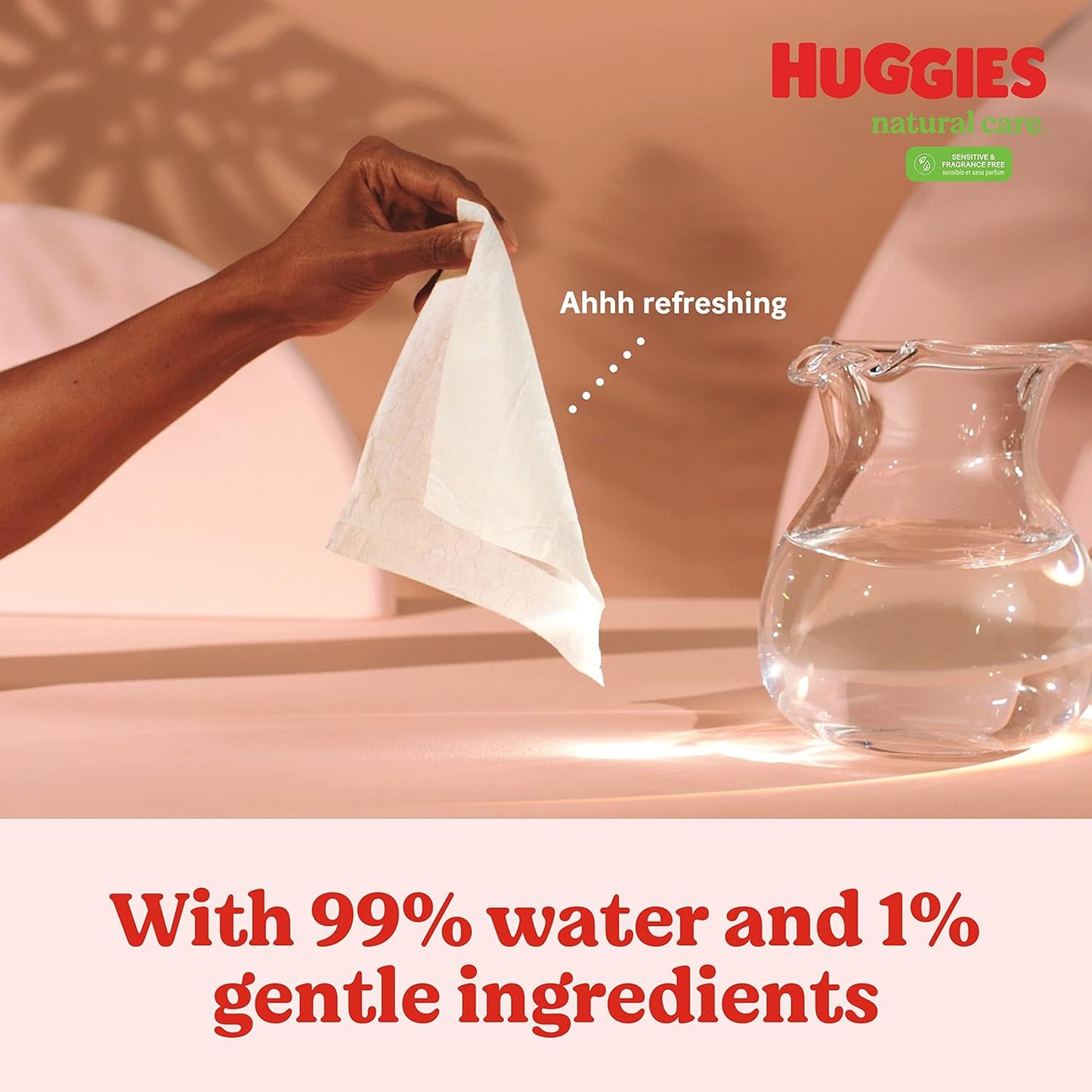 Huggies Natural Care Sensitive Toallitas para bebé, sin perfume, hipoalergénicas, 99% de agua purificada, 3 paquetes abatibles (168 toallitas en total)