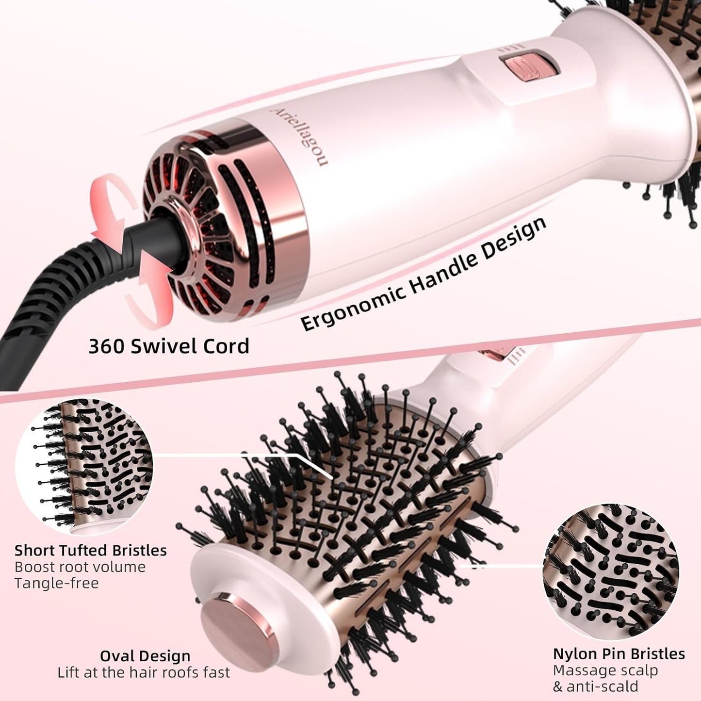 Cepillo secador de pelo de viaje de doble voltaje, mini cepillo de aire caliente con enchufe europeo, secador de un paso y voluminizador para uso doméstico y salón de belleza