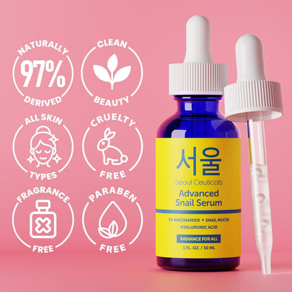 SeoulCeuticals K Beauty - Suero coreano al 5 % de niacinamida + mucina de caracol al 97.5 % + ácido hialurónico, cuidado de la piel coreano sin crueldad, suero facial antienvejecimiento natural y