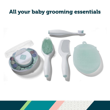 Safety 1st Kit de primer día de spa para bebé, lima de uñas eléctrica, guante de baño suave, cepillo de dientes para niños, cepillo de pelo y peine, juego de aseo infantil