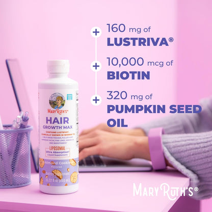 MaryRuth Organics Crecimiento de cabello MAX Liposomal para mujeres | con Lustriva® + Biotina 10000mcg + Aceite de semilla de calabaza | Cabello más grueso | Cuidado del cabello | Arrugas, líneas