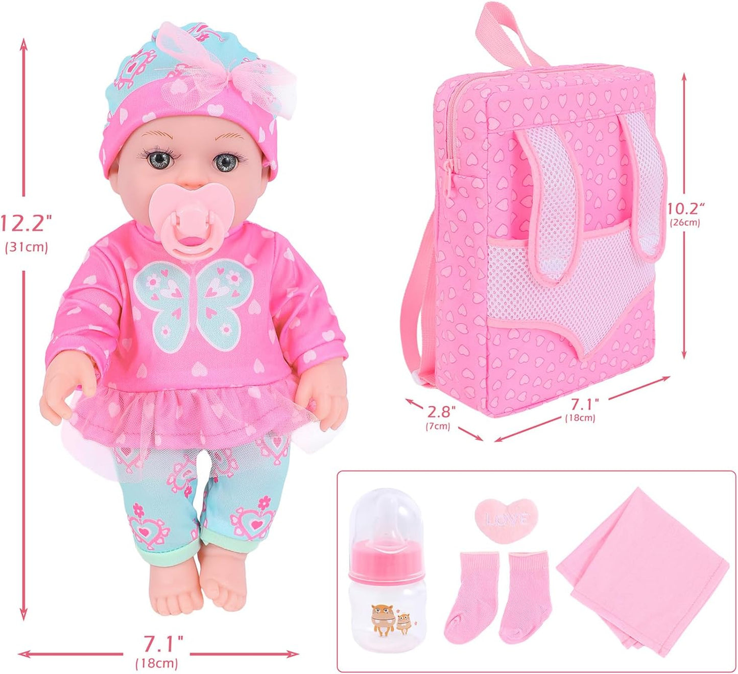 DONTNO Muñeca de bebé de 12 pulgadas con ropa y mochila, muñeca Reb...